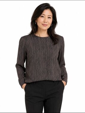 Jones New York 100% Silk Blouse Vintage Brown Geometric Long Sleeve 6